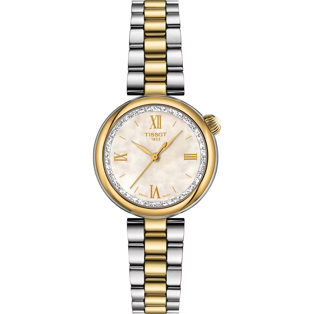 Reloj Tissot de 28 mm con caja bicolor, esfera perlada y detalles en cristal.