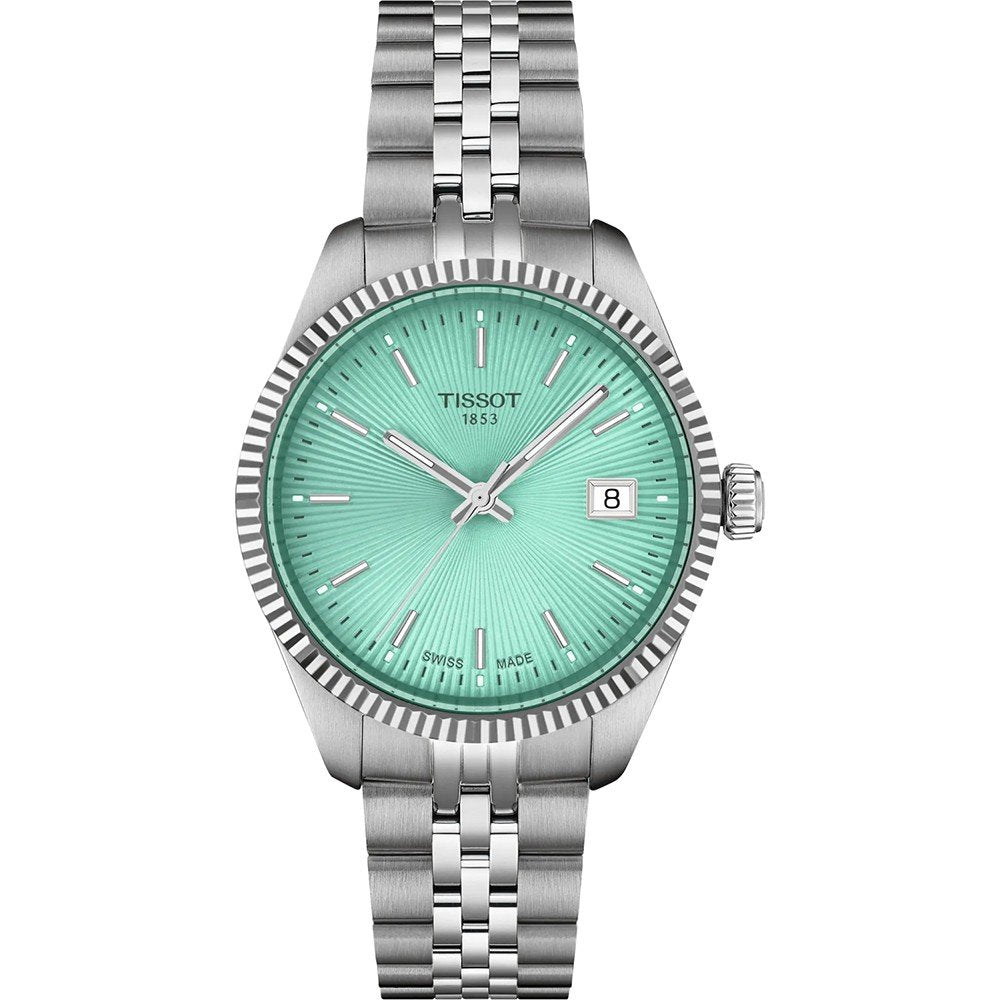 Reloj Tissot de 34 mm con esfera verde menta, caja de acero inoxidable y correa de malla.