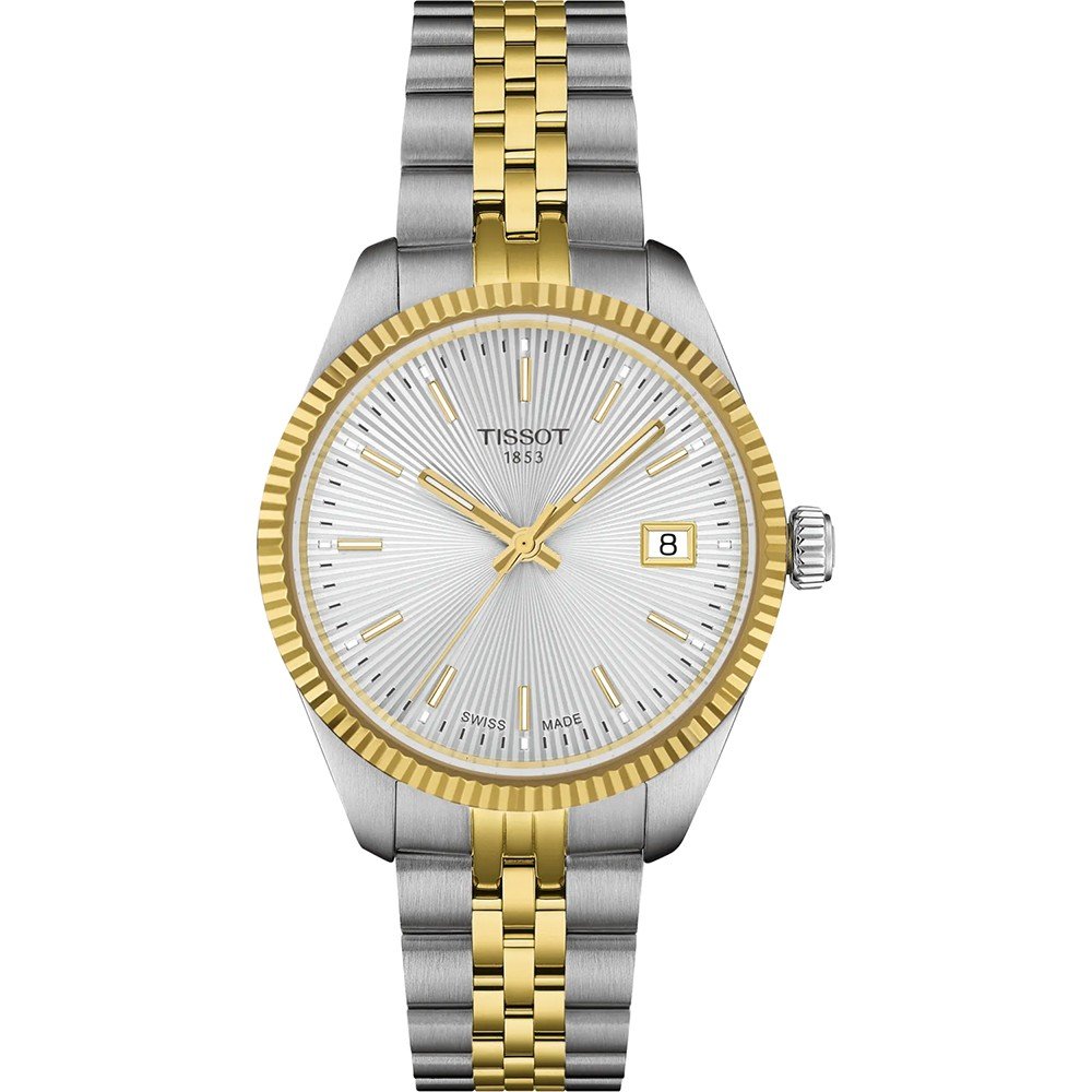 Reloj Tissot de 34 mm con esfera plateada, bisel dorado y pulsera de acero bicolor.