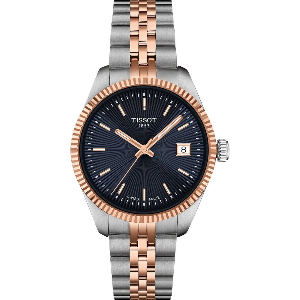 Reloj Tissot de 34 mm con esfera azul, caja de acero inoxidable y detalles en oro rosa, correa de eslabones.