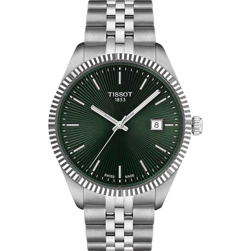 Reloj Tissot de 40 mm con esfera verde, correa de acero inoxidable y detalle de fecha.