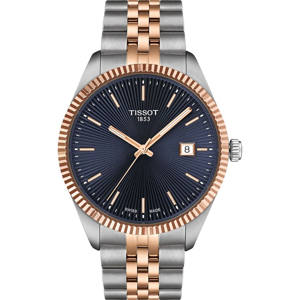 Reloj Tissot de 40 mm con esfera azul, caja de acero inoxidable y detalles en oro rosa, correa de eslabones.