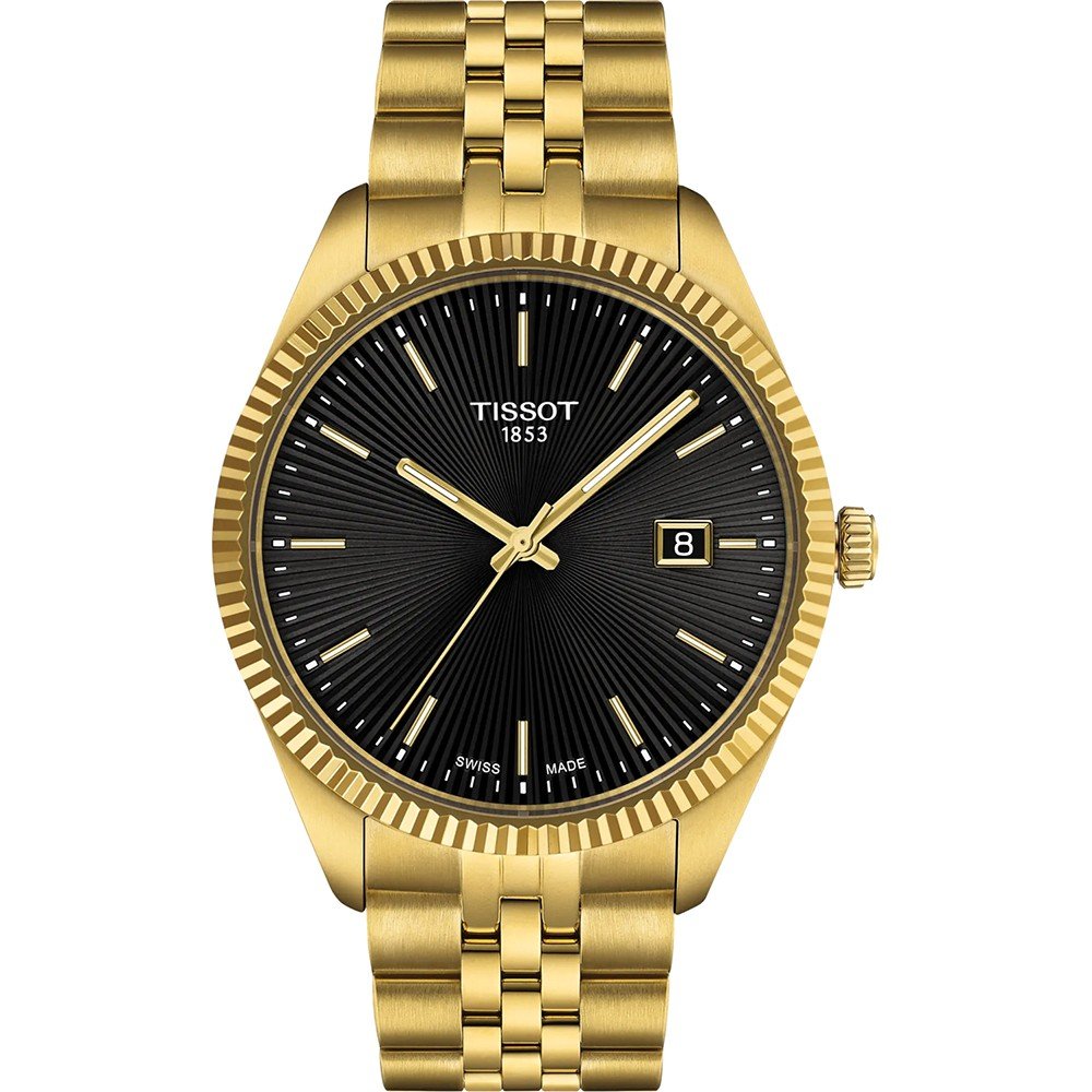 Reloj Tissot de 40 mm con caja dorada, esfera negra y correa de eslabones dorados.