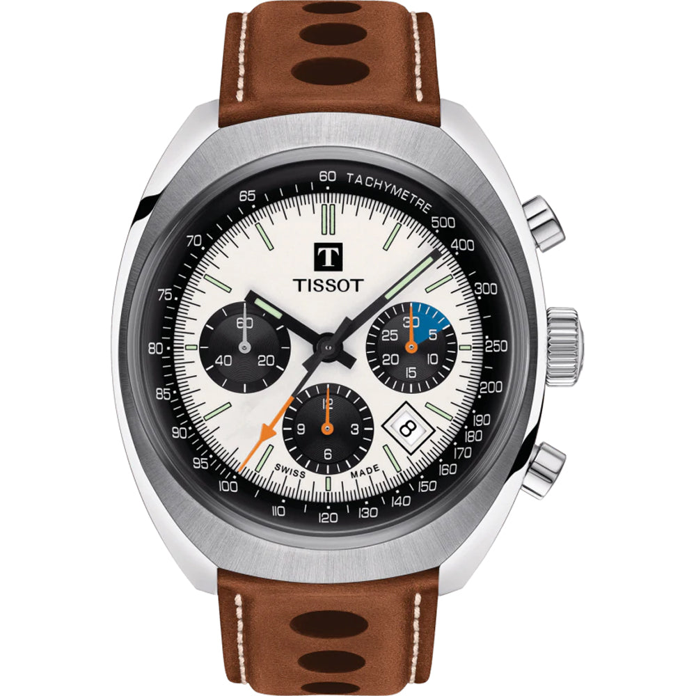 Reloj cronógrafo Tissot Heritage 1973 con caja de acero inoxidable, esfera blanca y correa de cuero marrón.
