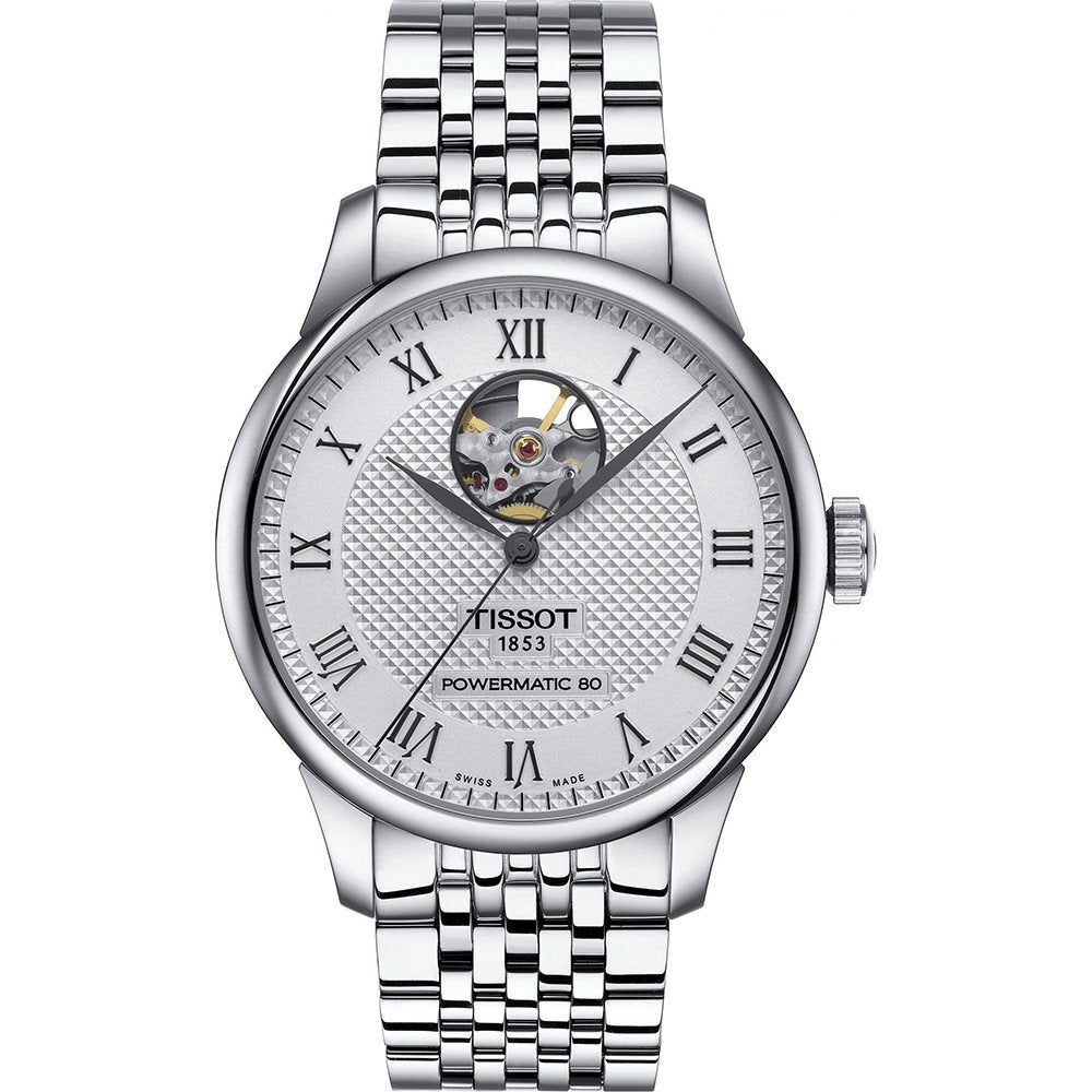 Reloj Tissot Le Locle Powermatic 80 con esfera plateada, diseño de corazón abierto y correa de acero inoxidable.