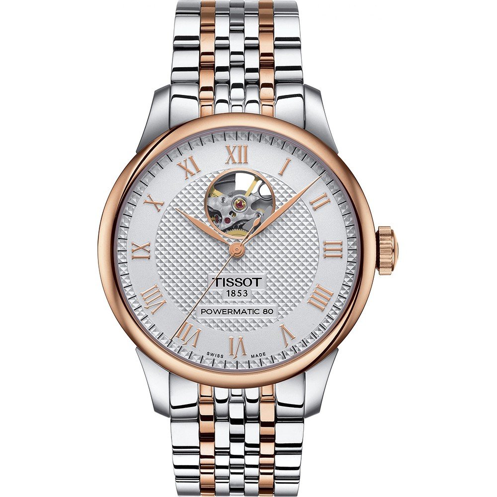 Reloj Tissot Le Locle con caja de acero inoxidable plateado y dorado, esfera plateada con apertura y números romanos.