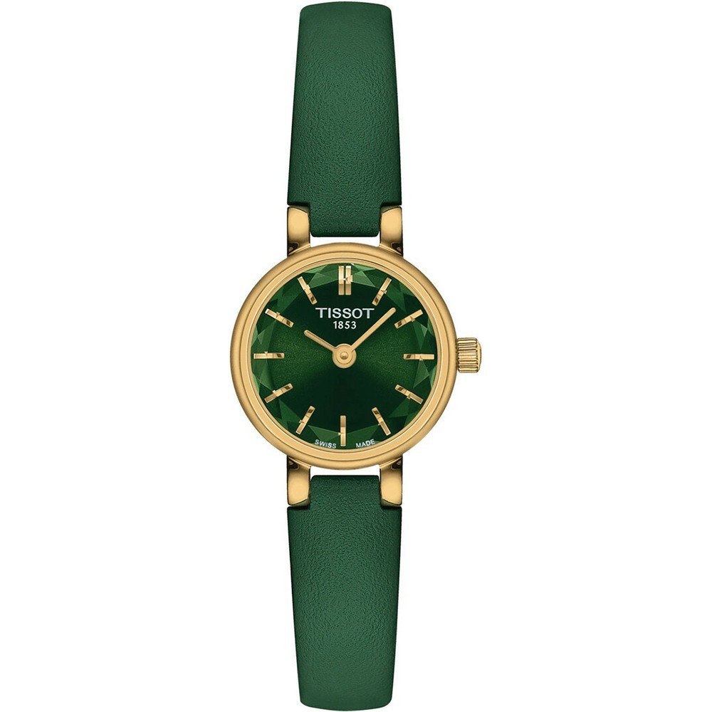 Reloj Tissot con esfera verde y correa de silicona verde, acabado dorado en la caja.