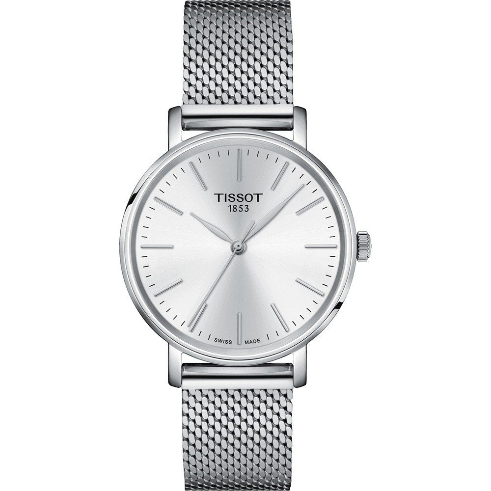 Reloj Tissot Everytime de 34 mm con esfera plateada y correa de malla metálica.