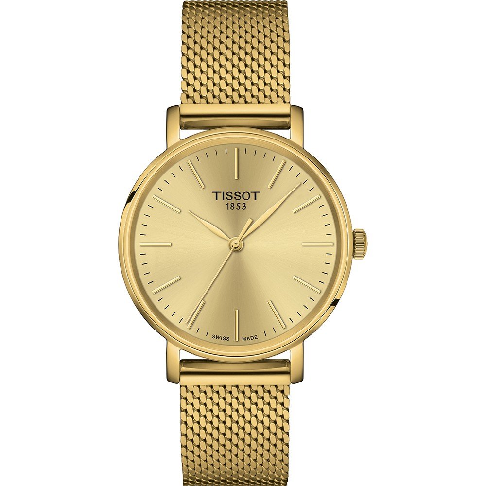 Reloj Tissot Everytime de 34 mm con esfera dorada y correa de malla metálica dorada.