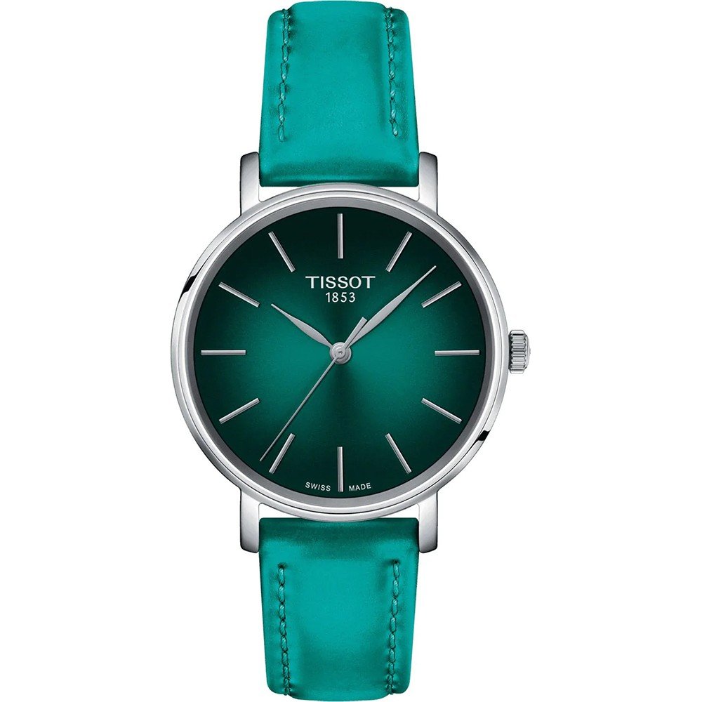 Reloj Tissot Everytime de 34 mm con esfera verde y correa de cuero turquesa.