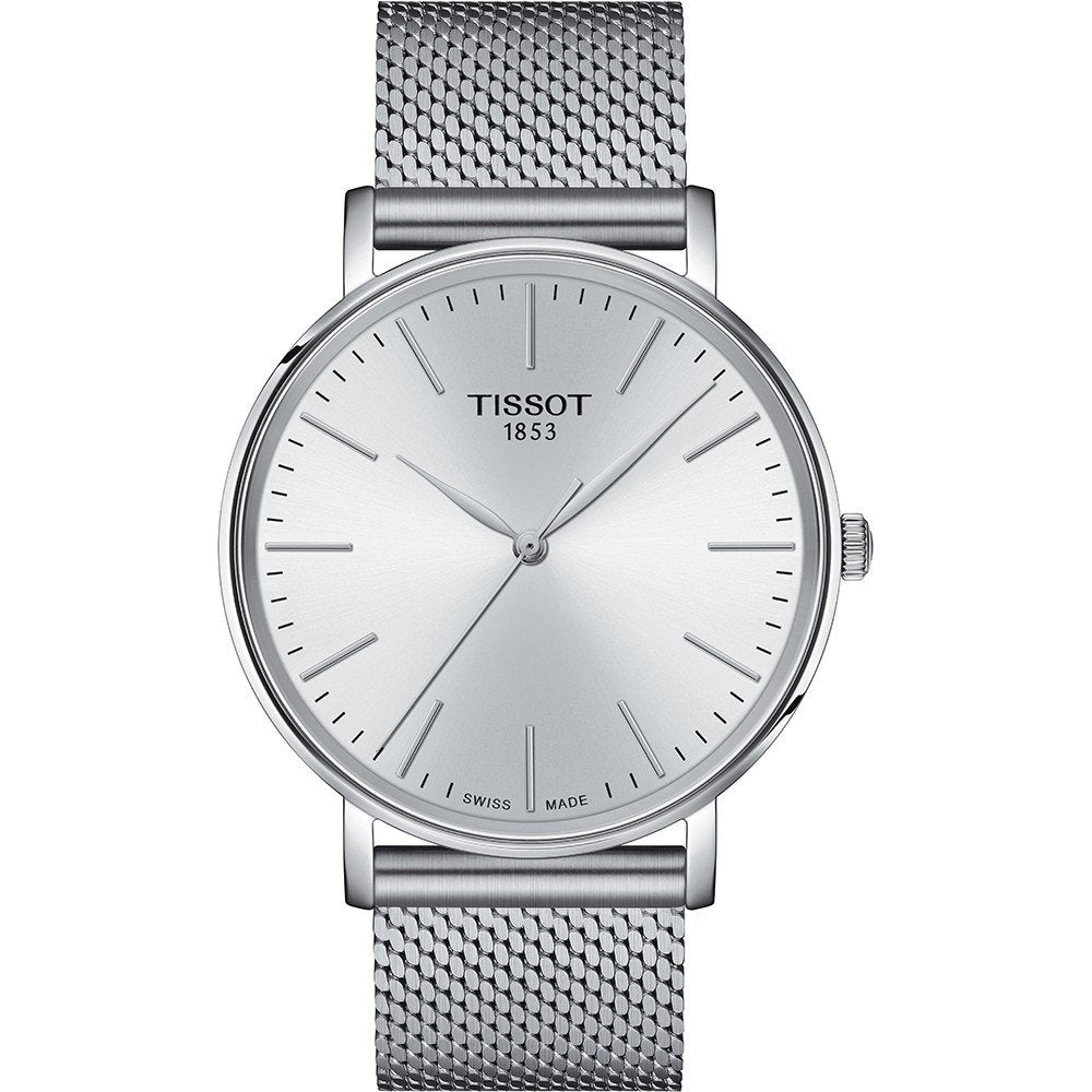 Reloj Tissot Everytime de 40 mm con esfera plateada y correa de malla metálica.