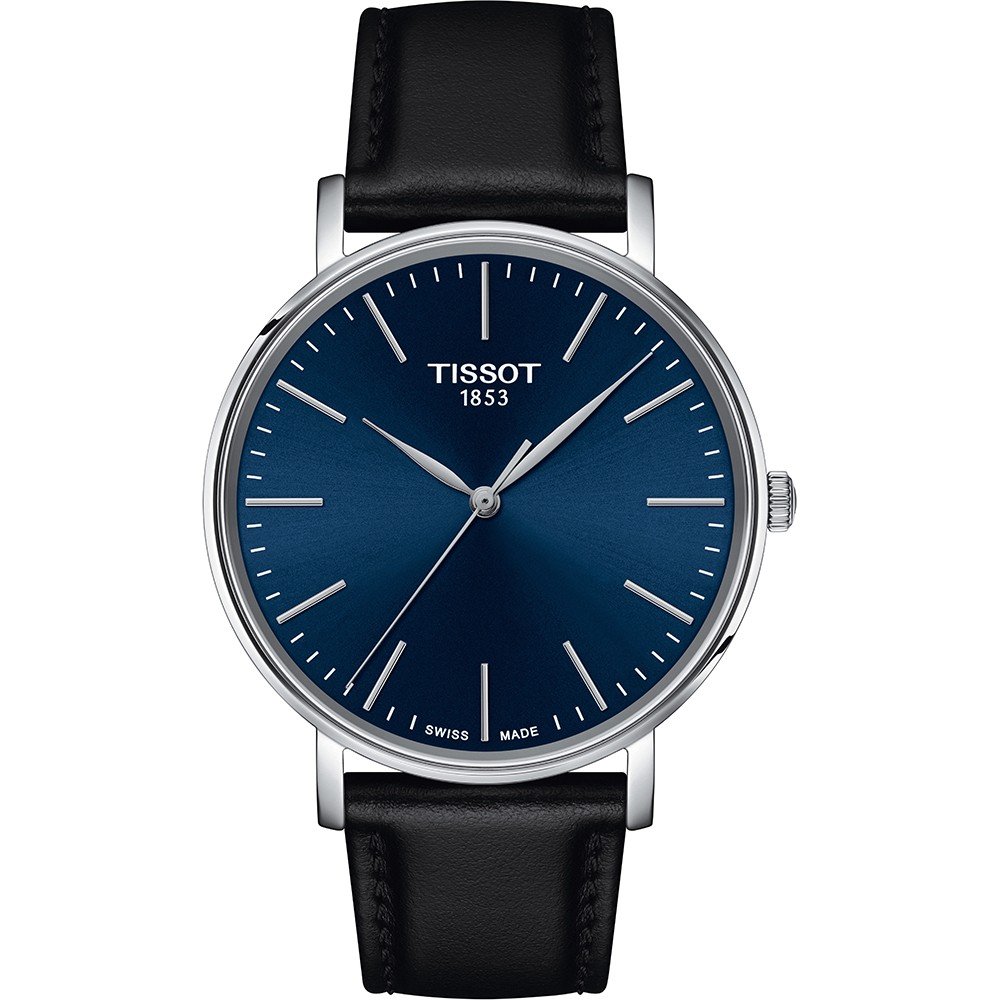 Reloj Tissot de 40 mm con esfera azul, índices plateados y correa de cuero negra.