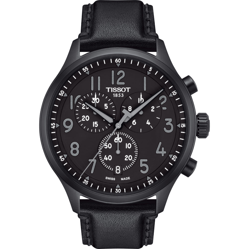 Reloj cronógrafo negro con esfera grande, números blancos y correa de cuero negra.