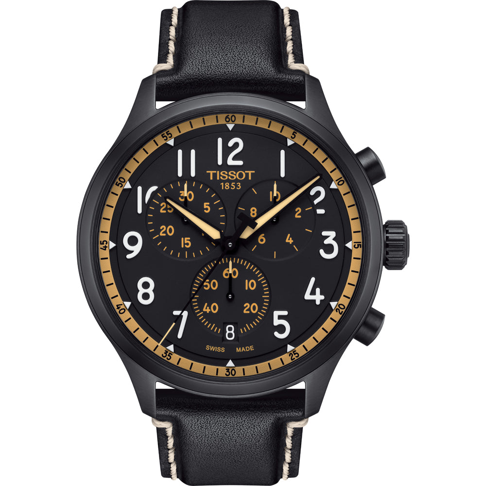 Reloj cronógrafo negro con detalles dorados y correa de piel negra.