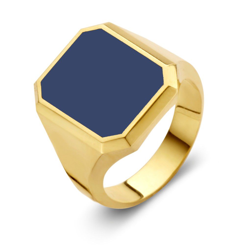 Anillo de sello masivo de oro amarillo de 14 quilates con piedra azul en forma octogonal.