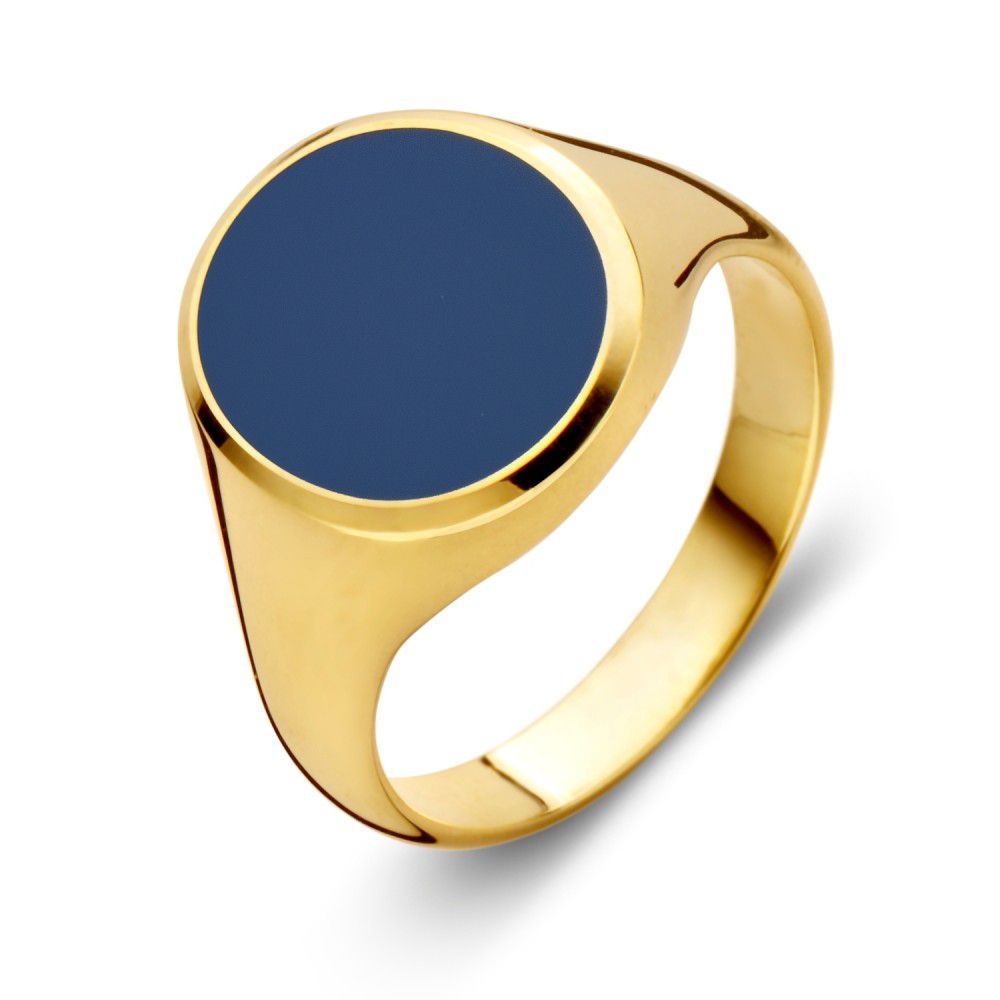 Anillo de sello de oro amarillo de 14 quilates para hombres con piedra azul en capas.