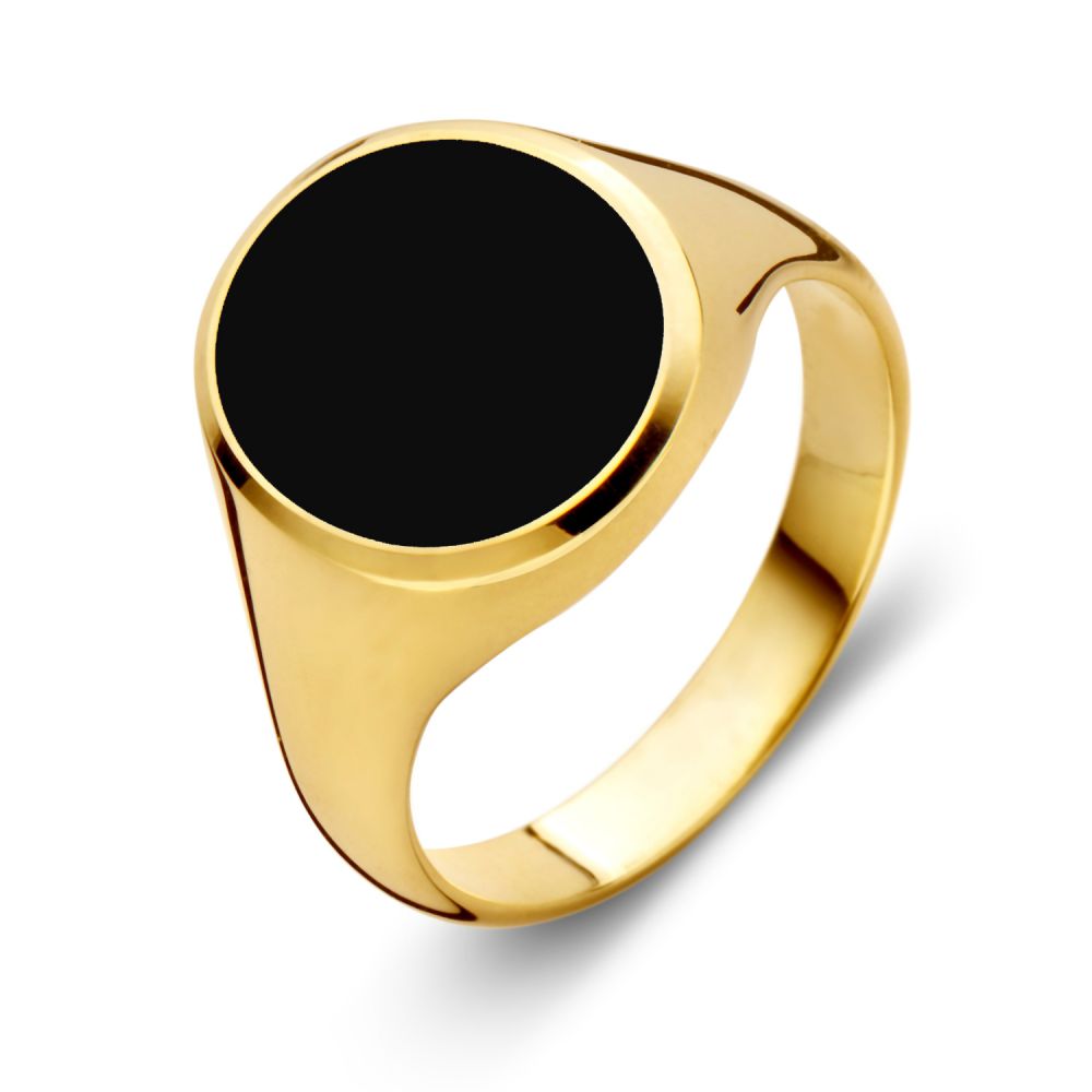 Anillo de sello de oro amarillo macizo de 14 quilates con piedra de ónix negra.