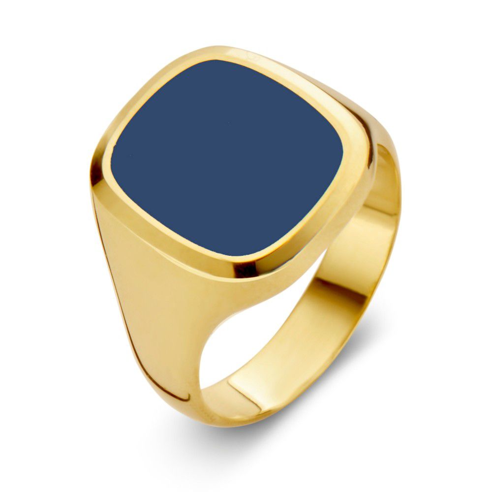 Anillo de sello hecho a mano en oro amarillo de 14 quilates con piedra azul.