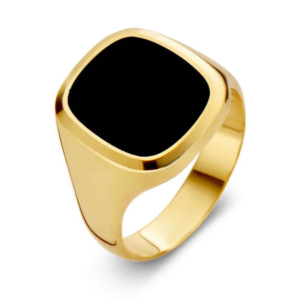 Anillo de oro amarillo de 14 quilates con piedra de ónix negra, diseño cuadrado y acabado brillante.