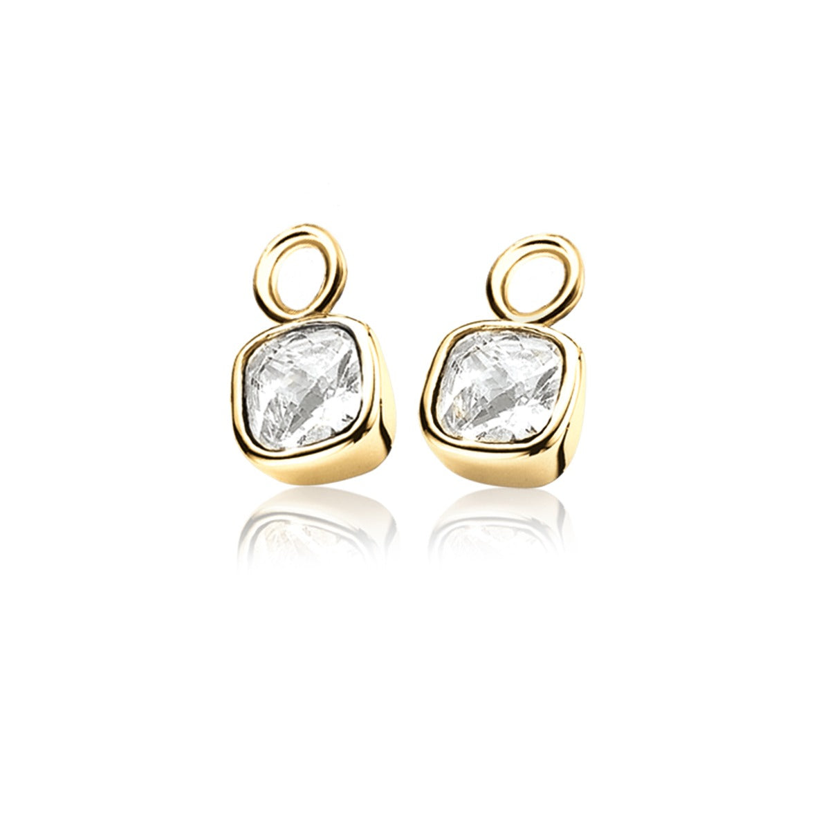 Pendientes de aro dorados con piedra cuadrada transparente.