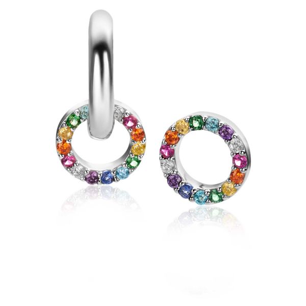 Pendientes de aro plateados con circonitas de colores en forma de círculo.