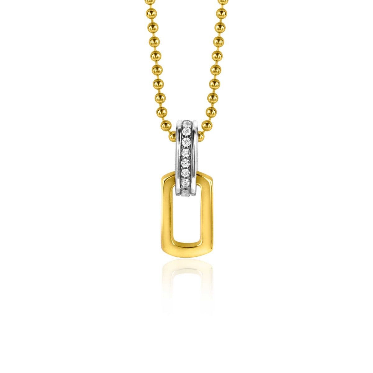 Colgante dorado con forma rectangular y detalles en plata con piedras brillantes, suspendido de una cadena de bolitas.