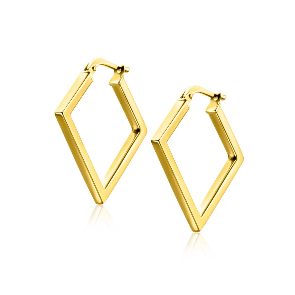 Pendientes de aro dorados con forma de rombo y acabado pulido.
