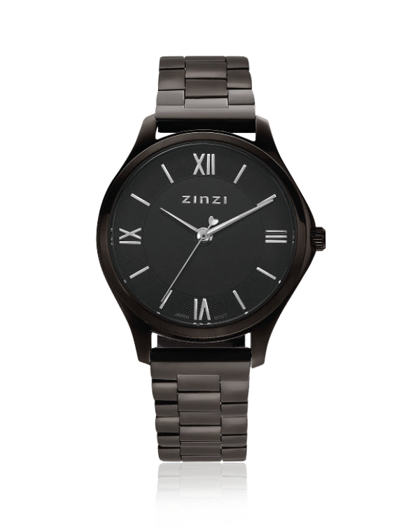 Reloj negro de acero con esfera negra y números romanos en la carátula.