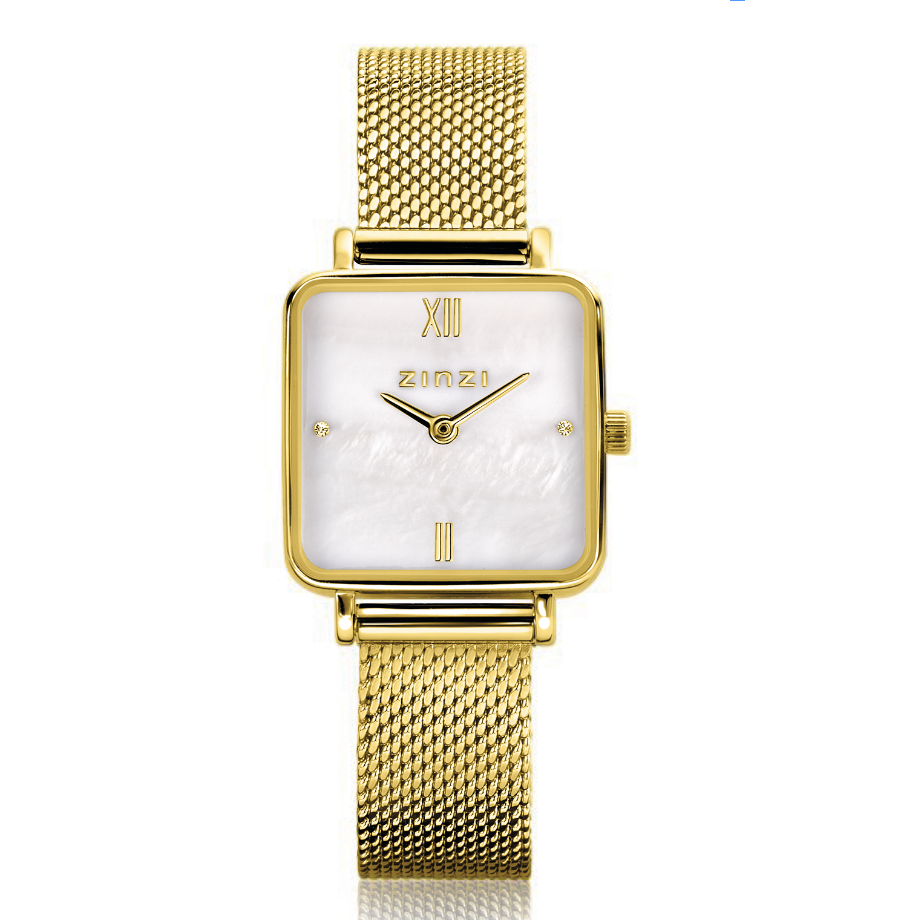 Reloj cuadrado dorado con esfera blanca y malla metálica.