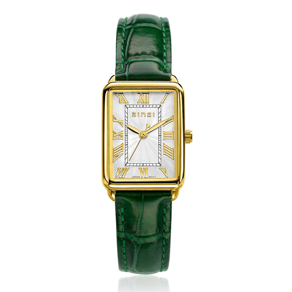 Reloj rectangular con caja dorada, esfera blanca y correa de cuero verde.