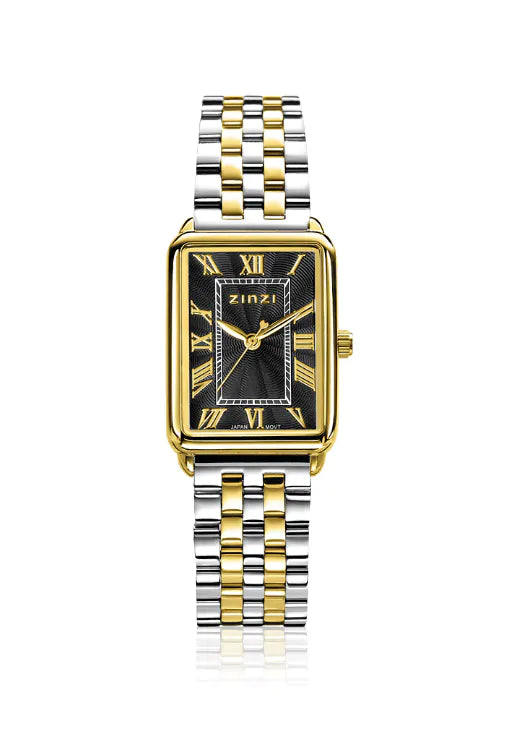 Reloj rectangular bicolor de acero con esfera negra y detalles dorados, correa de eslabones.
