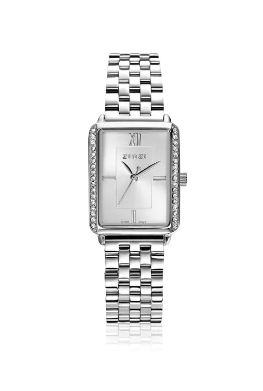Reloj rectangular de acero plateado con cristales en el bisel y esfera blanca.