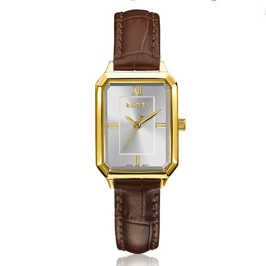 Reloj rectangular de 30 mm con caja dorada y esfera plateada, correa de cuero marrón.