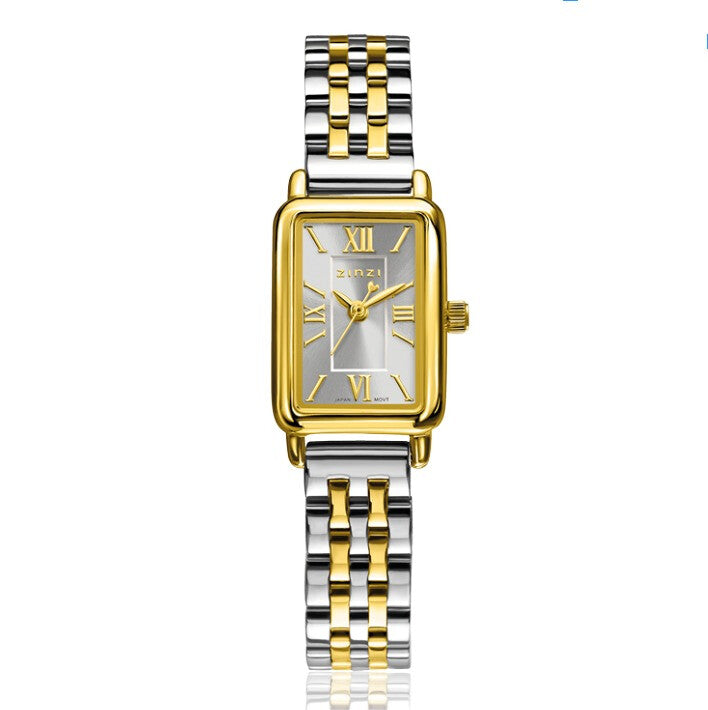 Reloj bicolor con caja rectangular dorada y plateada, esfera plateada y correa de eslabones.