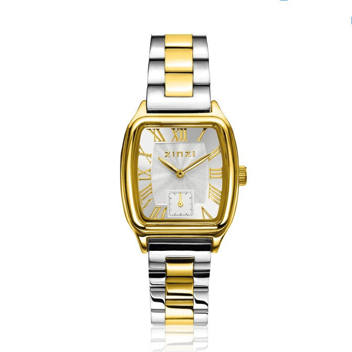 Reloj bicolor con caja rectangular dorada y plateada, esfera plateada con números romanos y detalle de fecha.