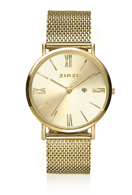 Reloj dorado de acero con esfera clara y malla metálica.