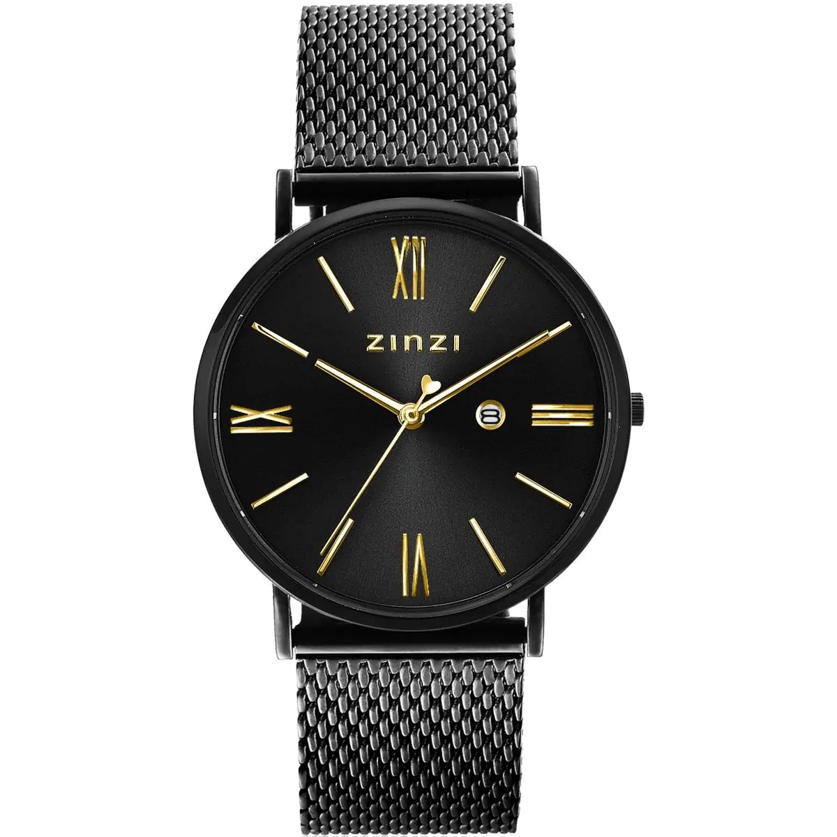 Reloj negro de acero con malla, esfera negra y detalles dorados, números romanos y fecha.