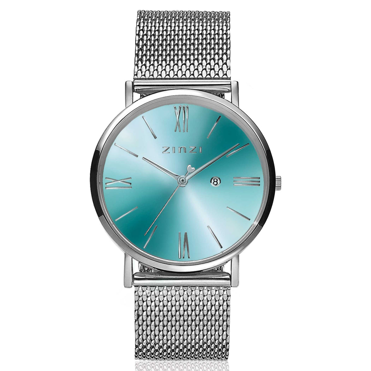 Reloj de acero color plateado con esfera azul y malla metálica.