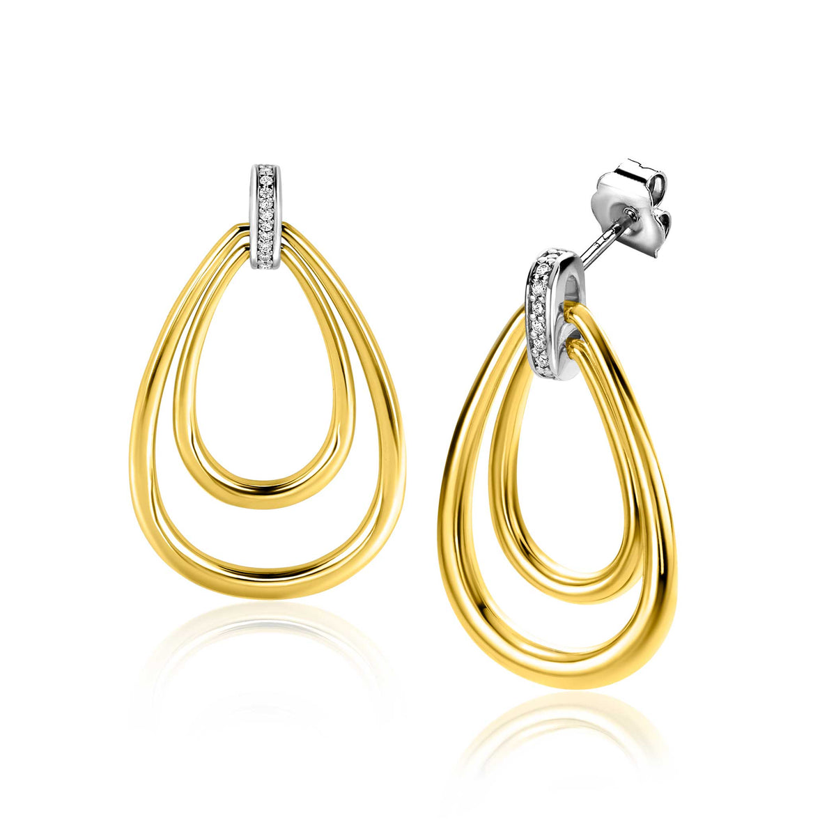 Pendientes de aro dorados con diseño en forma de gota y detalles plateados.