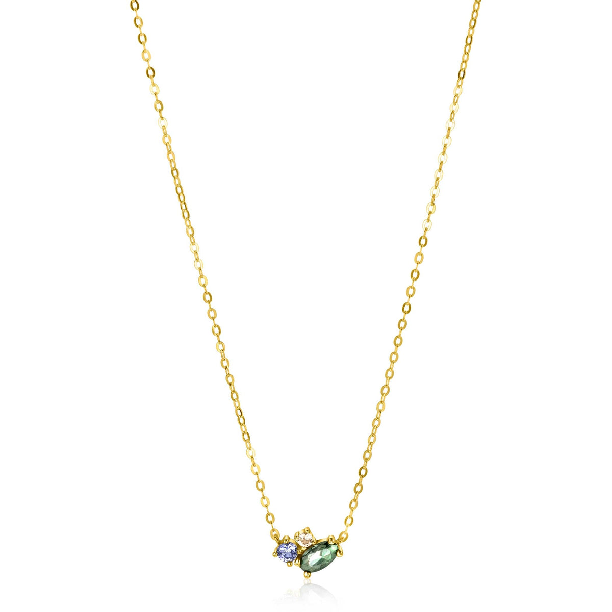 Collar dorado con detalles en forma de piedras preciosas verdes y lilas.