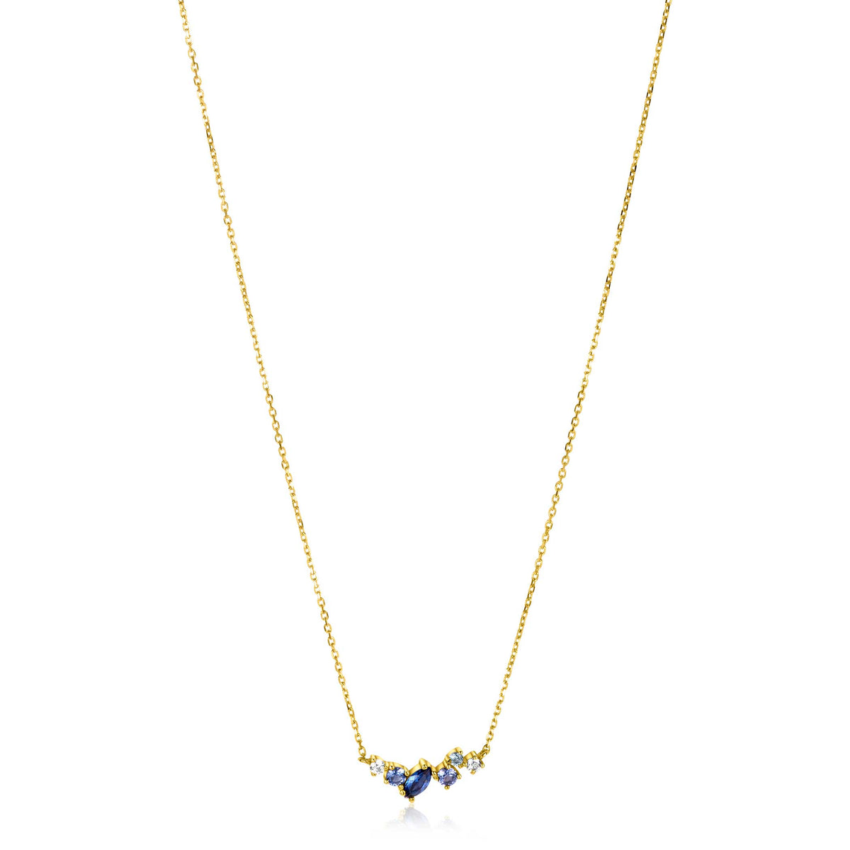 Cadena dorada con colgante en forma de corazón azul y detalles brillantes.