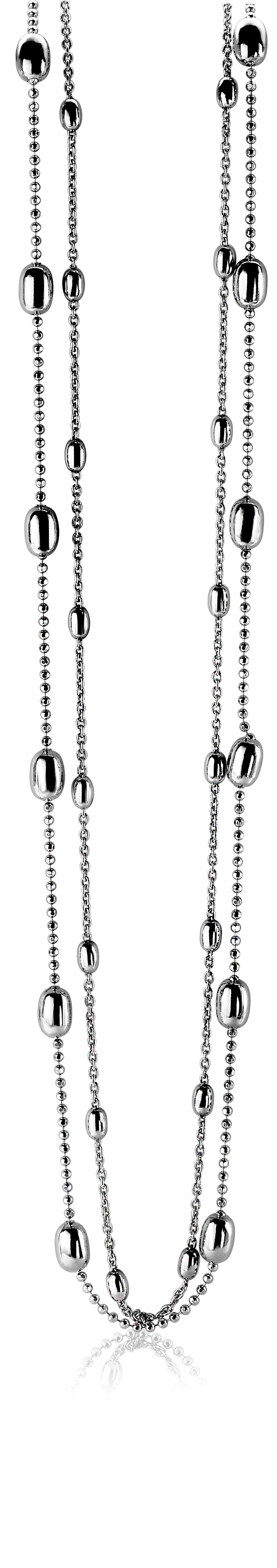 Collar de plata con esferas y cuentas alternas, diseño moderno y brillante.