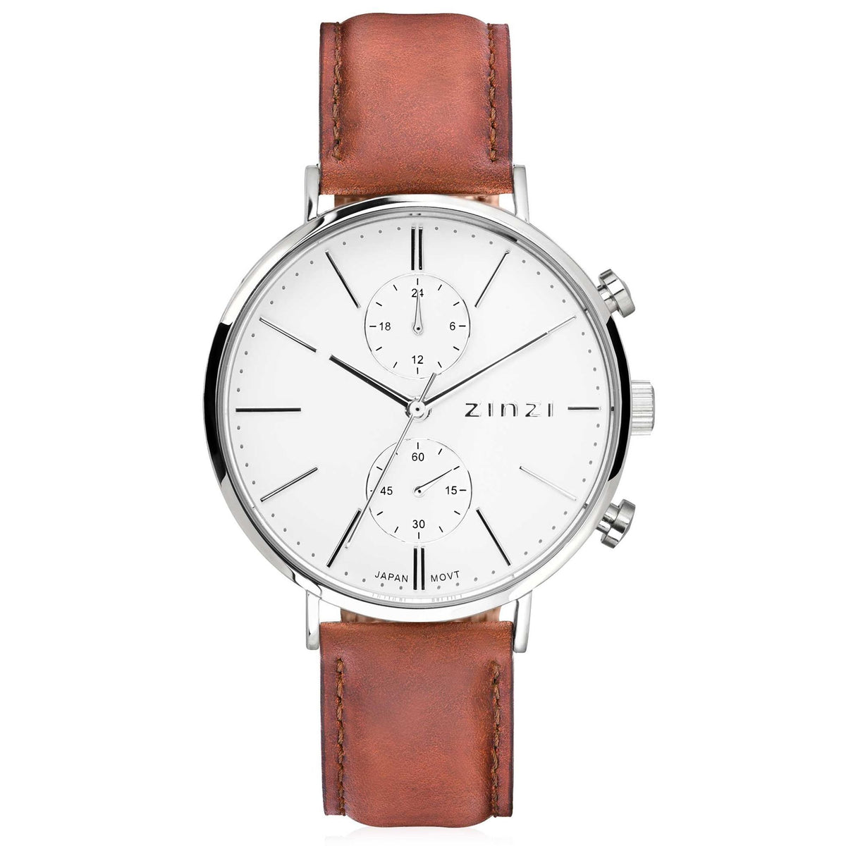 Reloj de acero plateado con esfera blanca, correa de cuero marrón y detalles de cronógrafo.