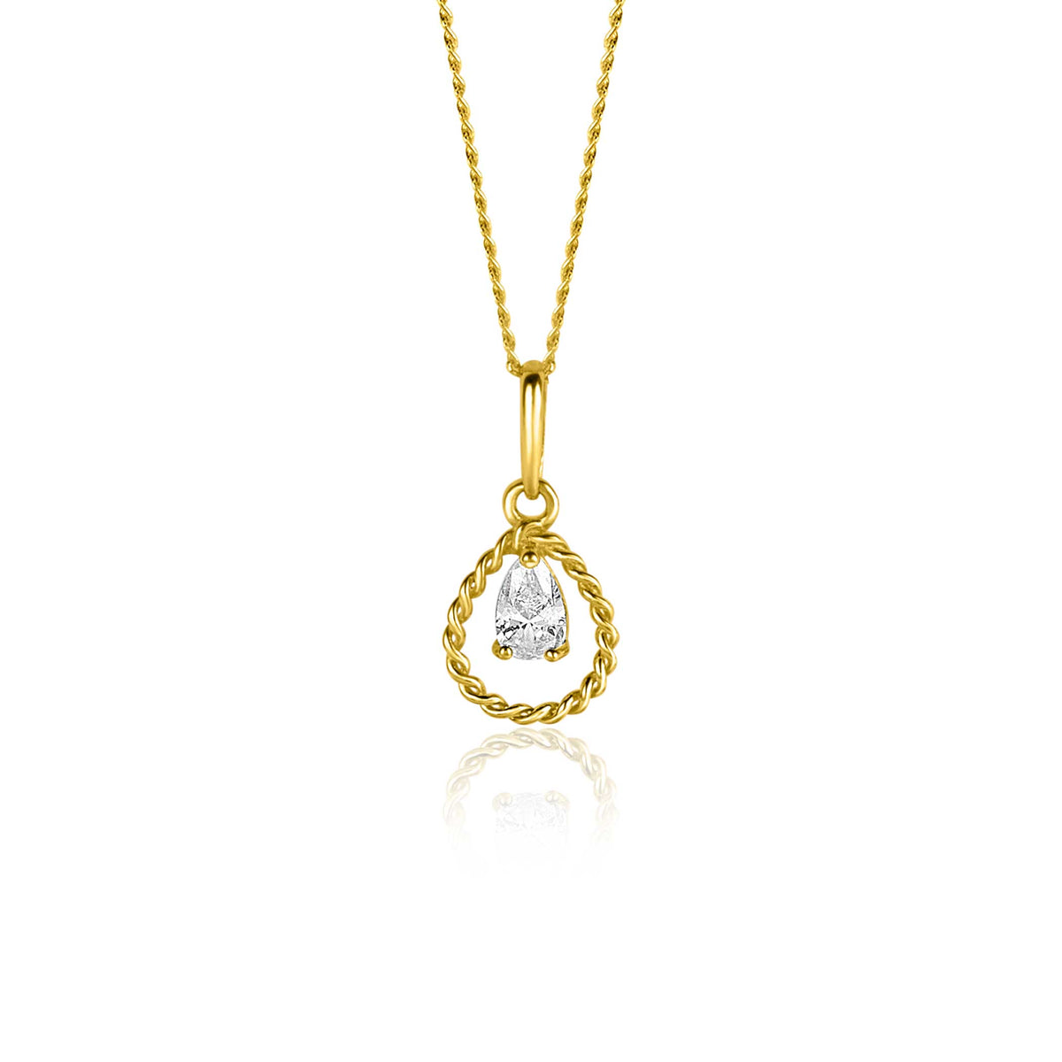 Colgante dorado con forma de gota y detalle en espiral, adornado con una piedra brillante.