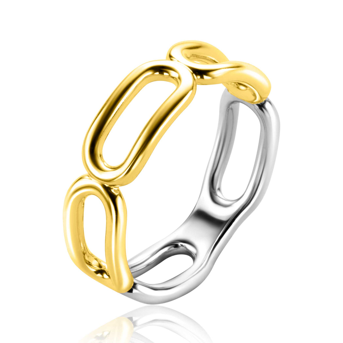 Anillo de acero inoxidable con detalles en dorado y plateado, con forma ovalada y diseño entrelazado.