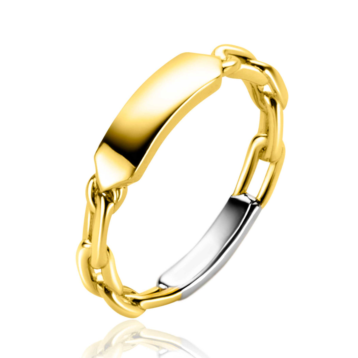 Anillo dorado con eslabones y detalle plateado en el centro.