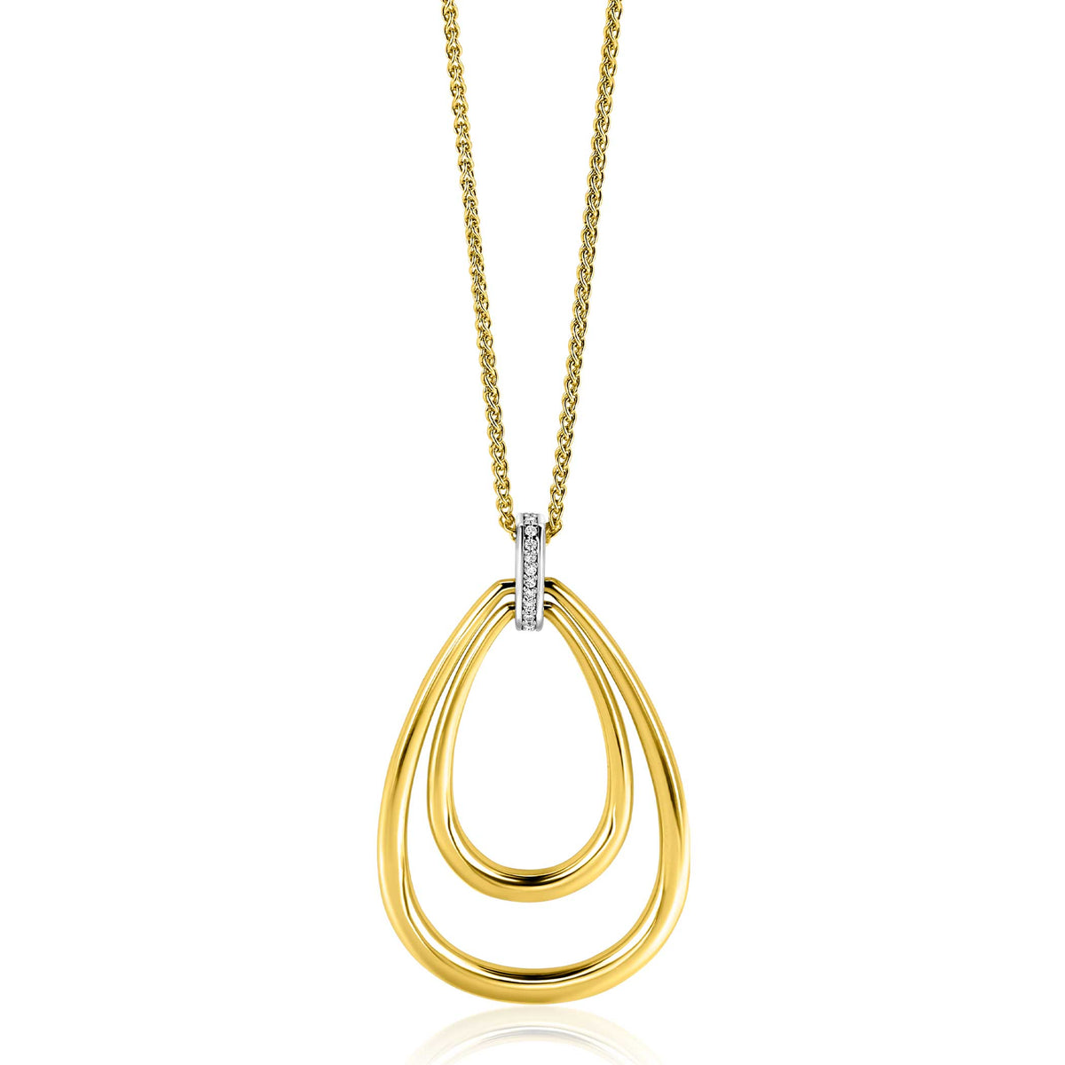 Collar dorado con colgante en forma de gota doble y detalles brillantes.