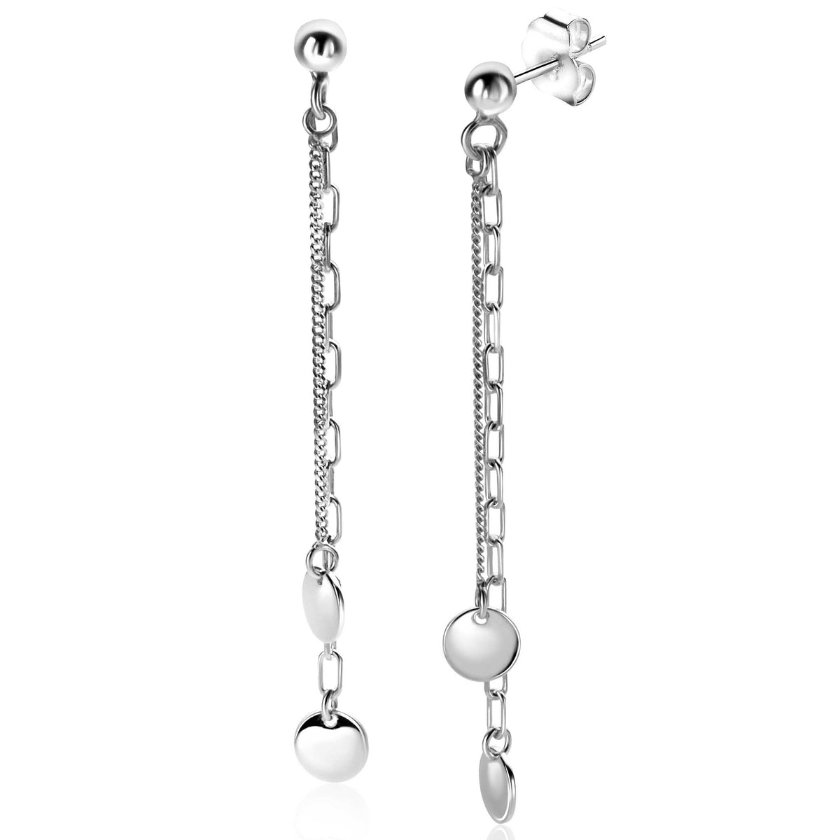 Pendientes largos de plata con cadenas y discos brillantes.