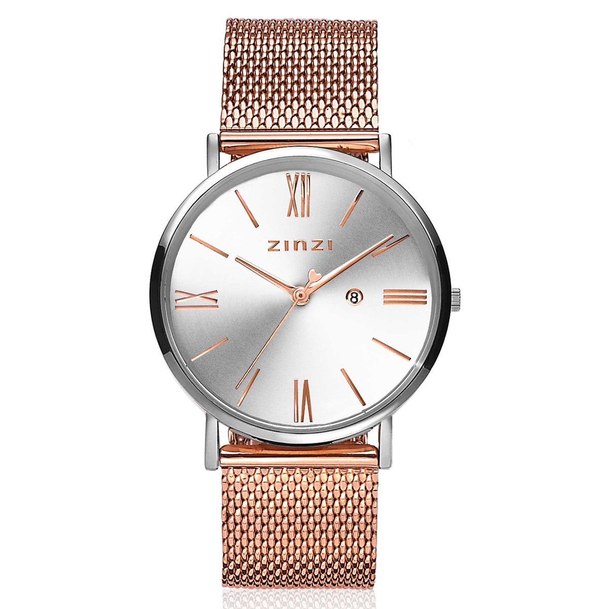 Reloj con esfera plateada, números romanos en rosa y correa de malla en tono dorado.