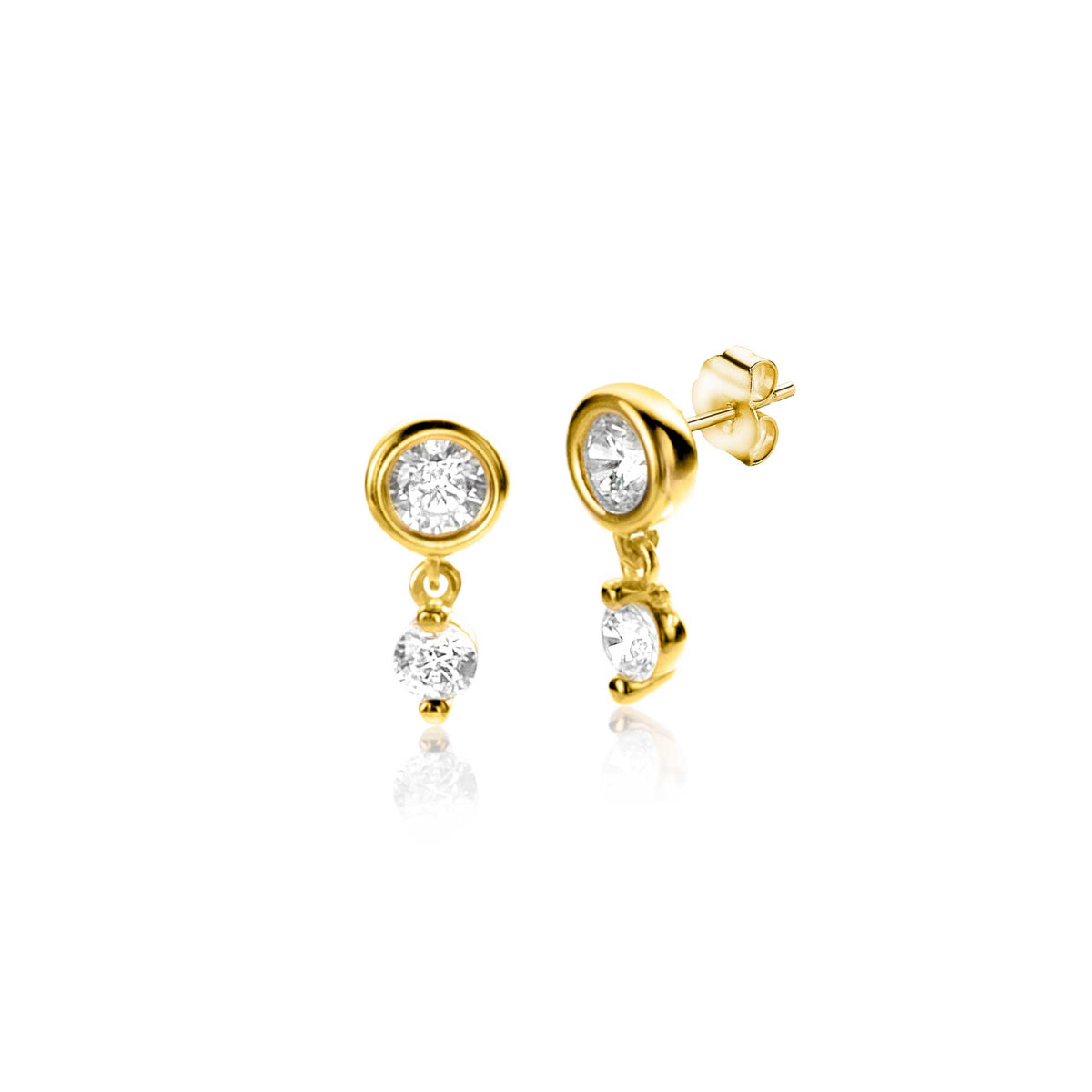 Pendientes de oro con dos circonitas brillantes, uno en la parte superior y otro colgante.